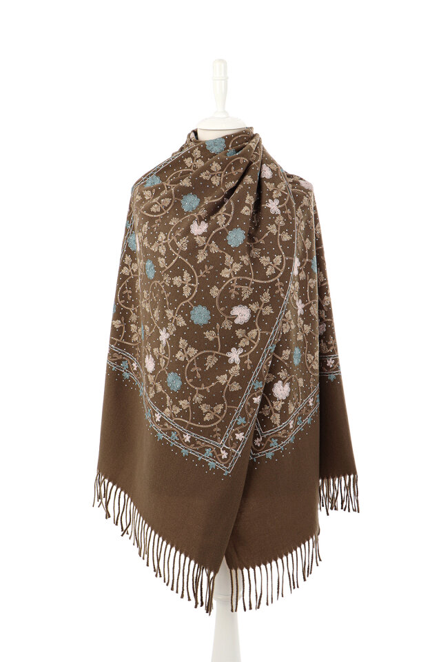 Brown Stone Embroidered Winter Shawl - 2