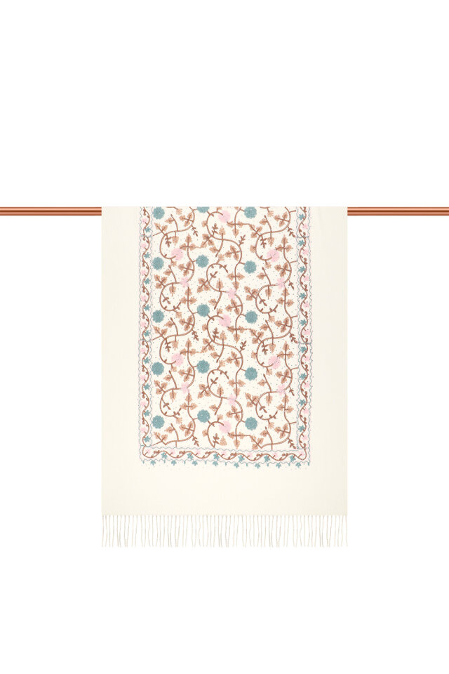 Cream Stone Embroidered Winter Shawl - 3