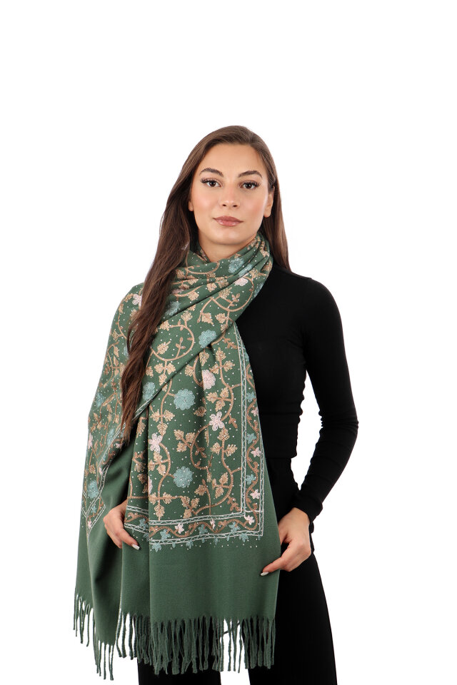 Green Stone Embroidered Winter Shawl 