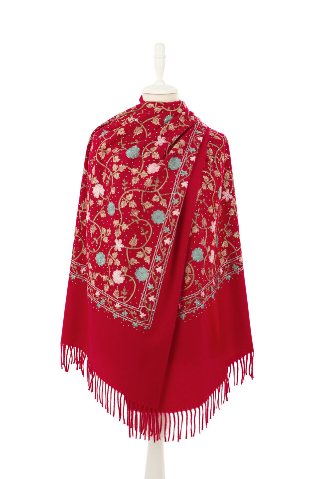Burgundy Stone Embroidered Winter Shawl - 2
