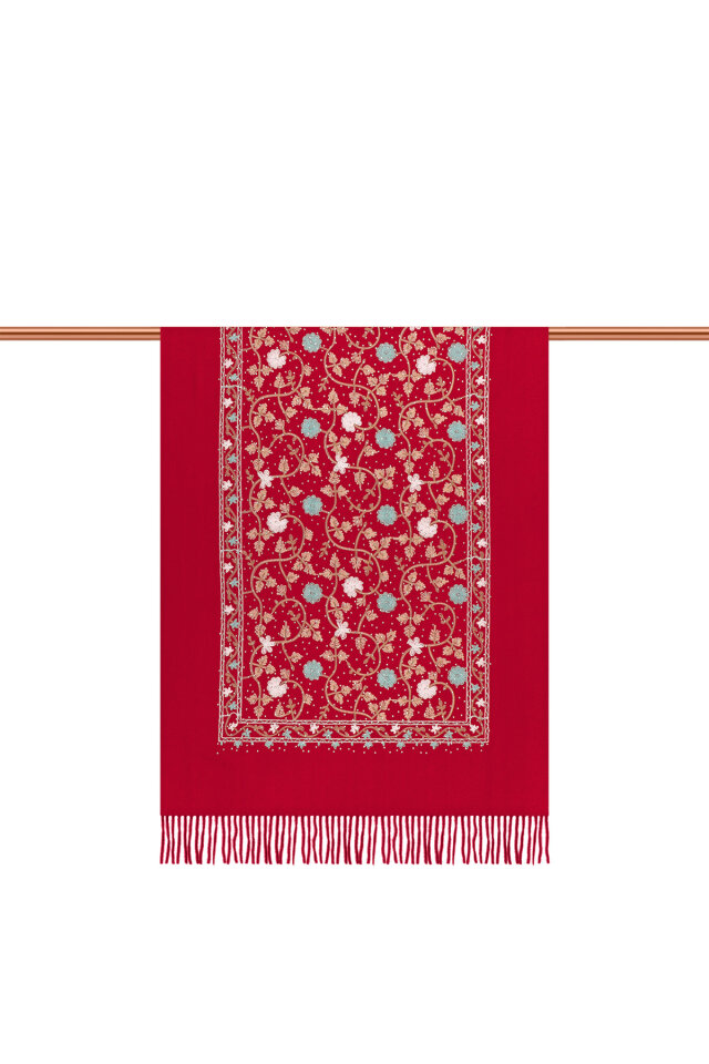 Burgundy Stone Embroidered Winter Shawl - 3