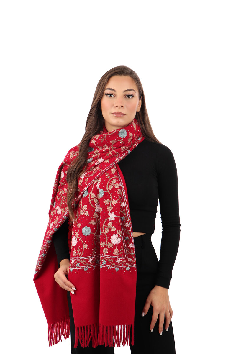 Bordo Taşlı Nakışlı Kışlık Şal
