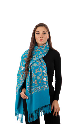 Cyan Stone Embroidered Winter Shawl 