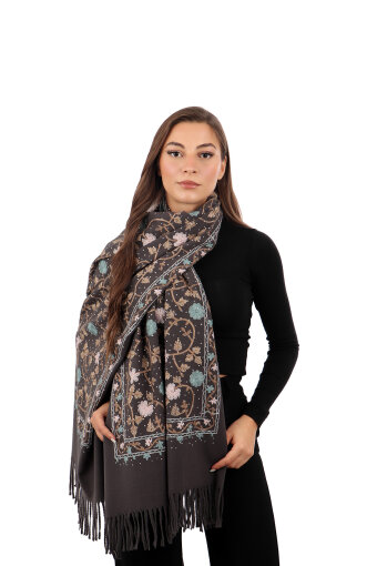 Smoked Stone Embroidered Winter Shawl 