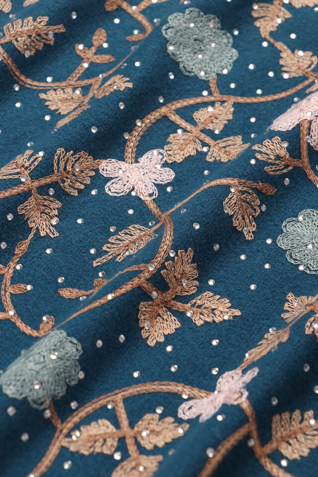 Petrol Mavi Taşlı Nakışlı Kışlık Şal - 4