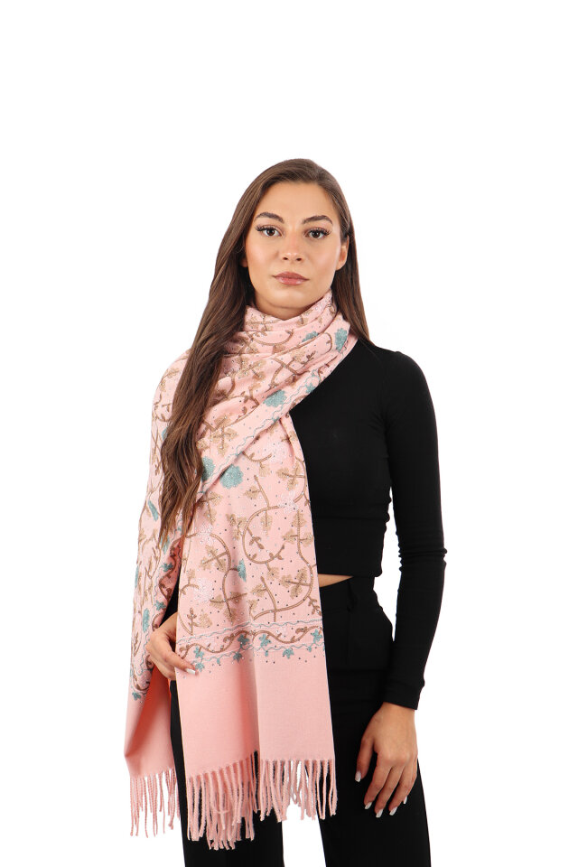 Pudra Taşlı Nakışlı Kışlık Şal 