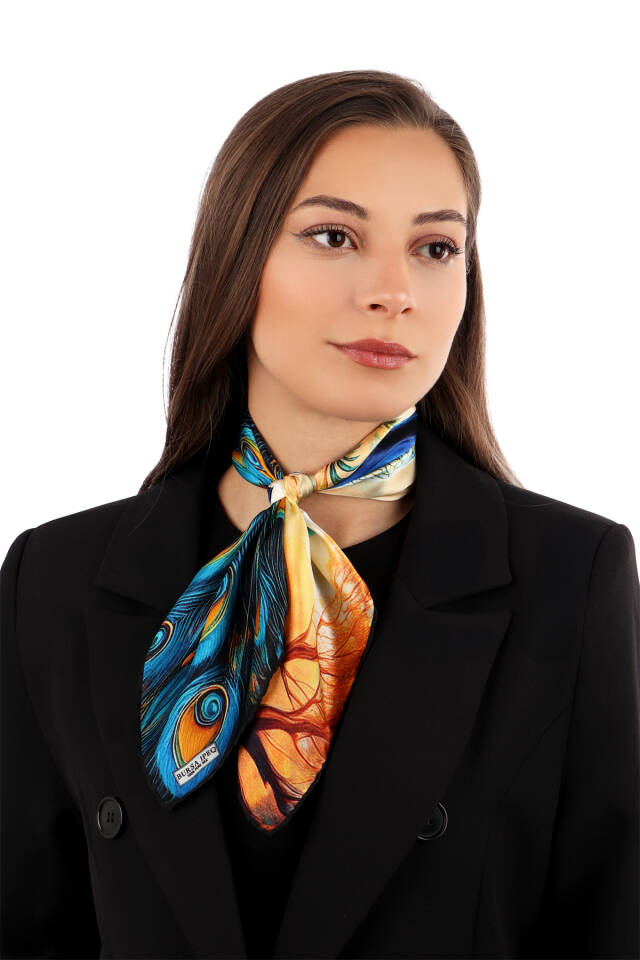 Sarı Tavuskuşu Desen İpek Mendil - 2