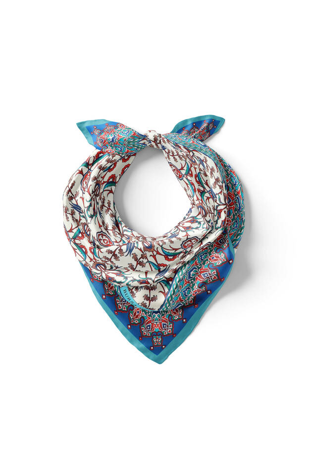 Turkuaz Çini Lale Desen İpeksi Mendil - 2