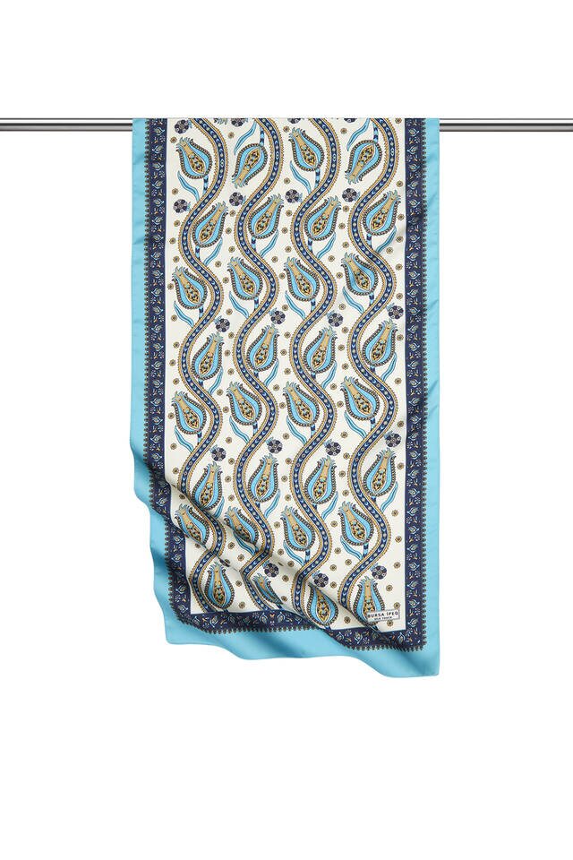 Turkuaz Lacivert Sıra Lale Desen Dar İpeksi Fular 