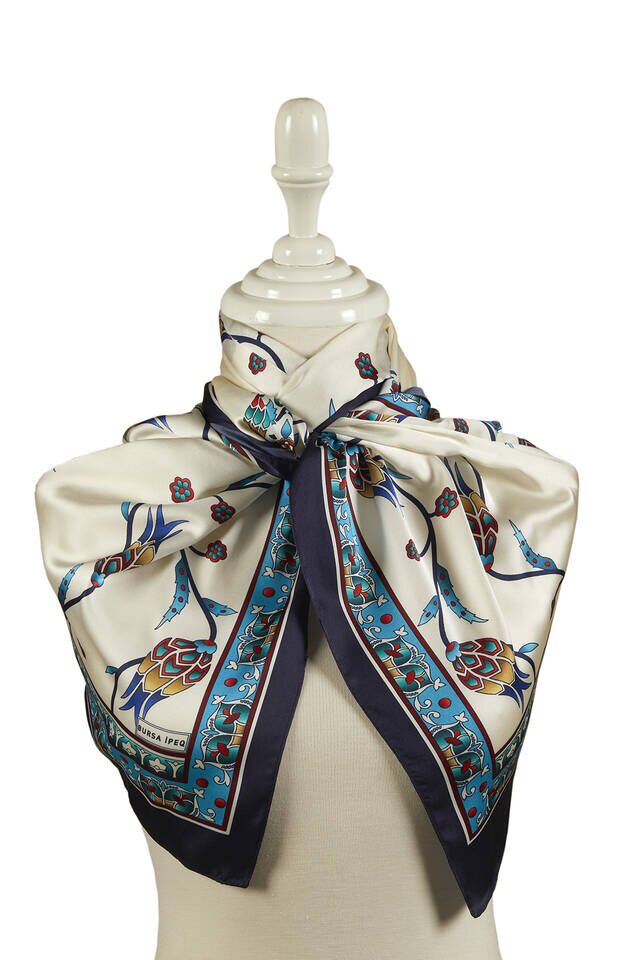 Turkuaz Lacivert Sıra Lale Desen Geniş İpeksi Fular - 2