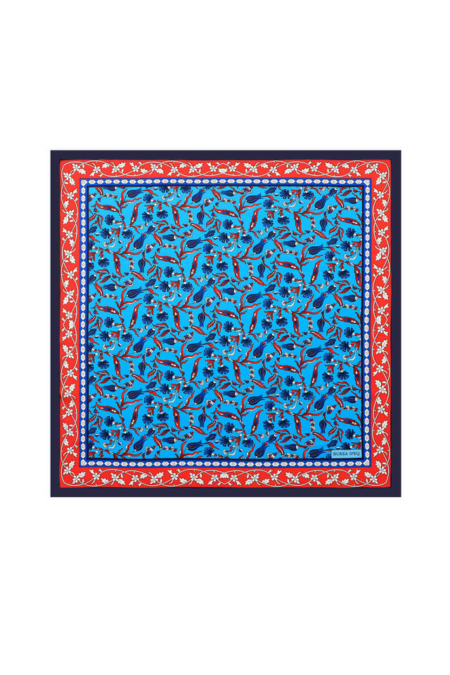 Turkuaz Lale Karanfil Desen İpeksi Mendil - Bursa İpek