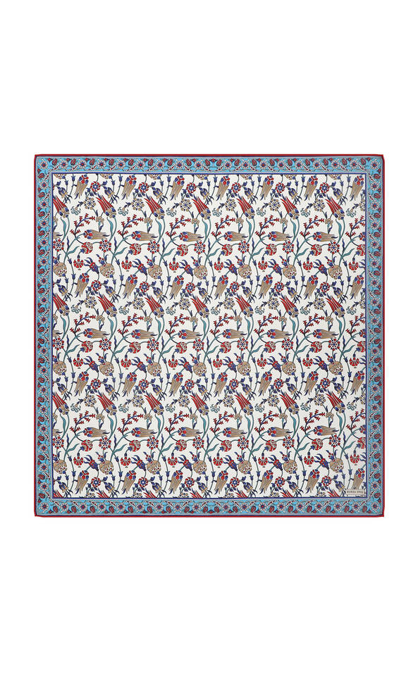 Turquoise Anatolian Pattern Soft Square Scarf - Bursa İpek