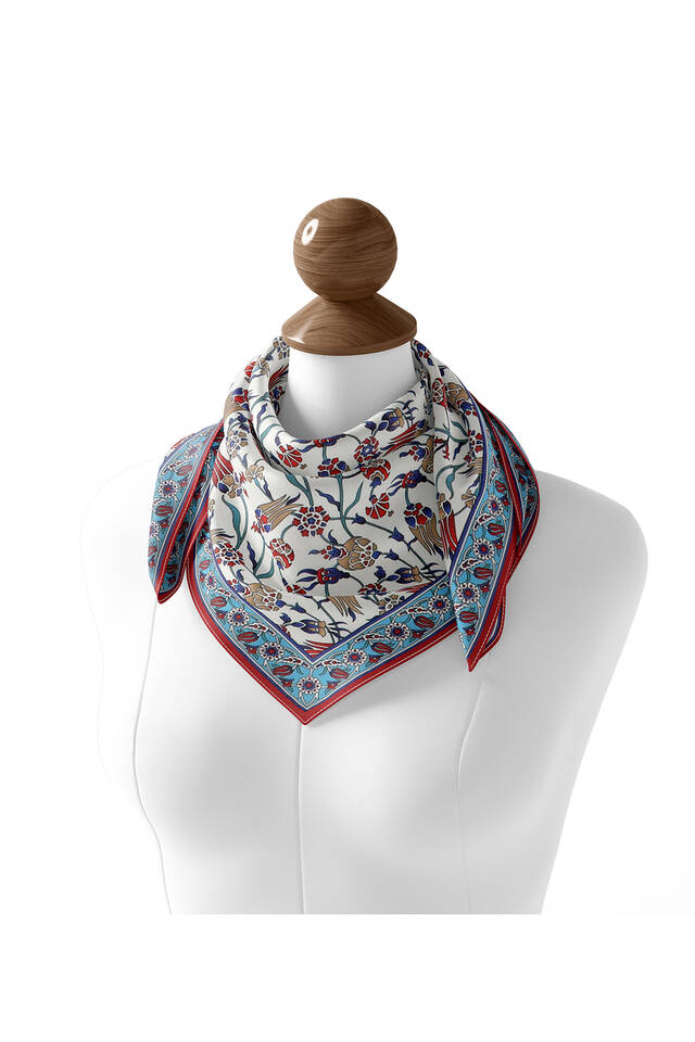 Turquoise Anatolian Pattern Soft Square Scarf - 2