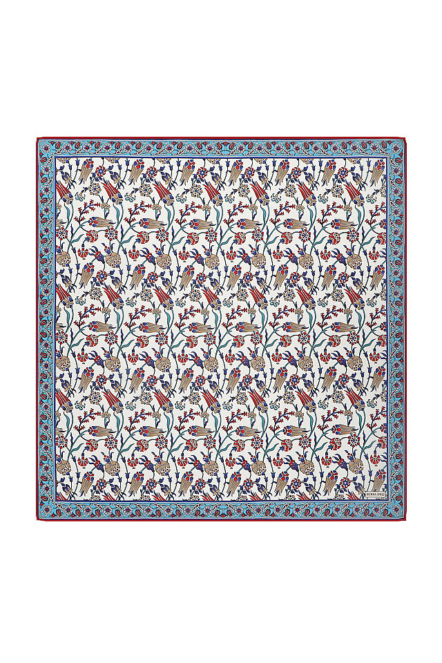 Turquoise Anatolian Pattern Soft Square Scarf - Bursa İpek