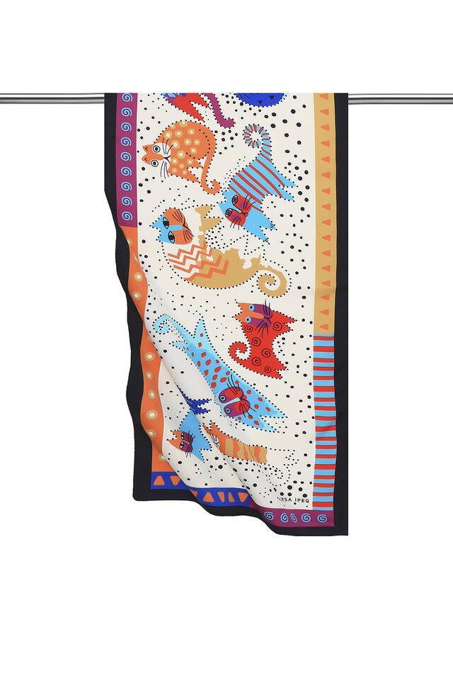 Turquoise Beige Patterned Silky Foulard 