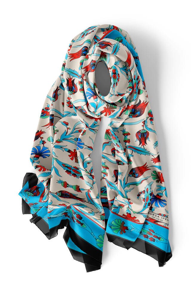 Turquoise Black Carnation Tulip Silk Foulard - 3
