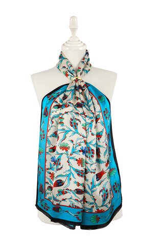 Turquoise Black Carnation Tulip Silk Foulard 