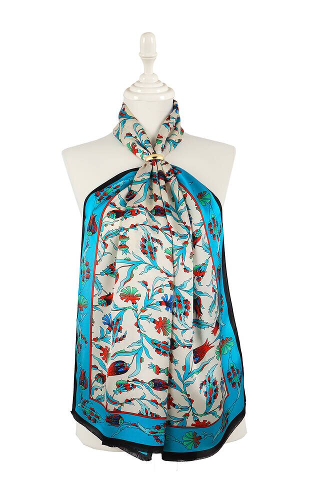 Turquoise Black Carnation Tulip Silk Foulard 