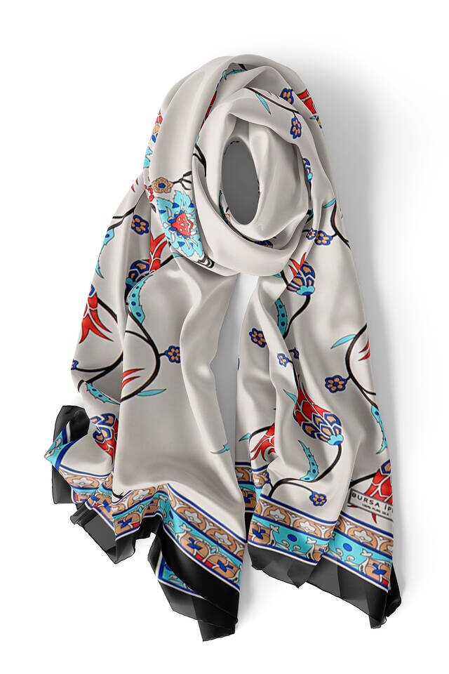 Turquoise Black Row Tulip Silk Foulard - 3