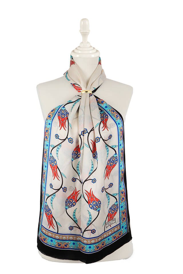 Turquoise Black Row Tulip Silk Foulard 