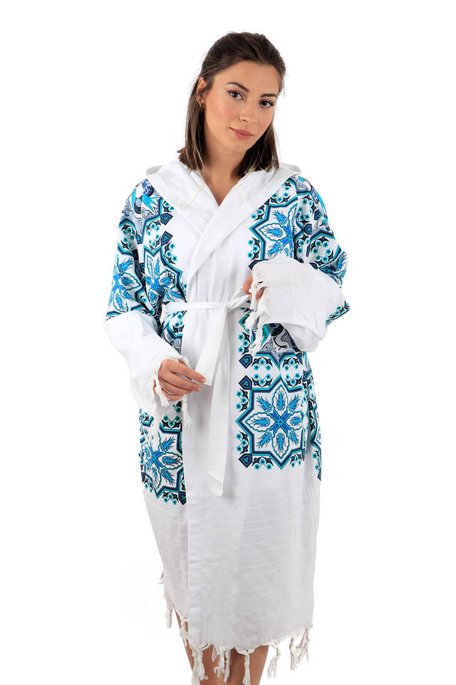 Turquoise Blue Printed Peacock Pattern Bathrobe - Bursa İpek