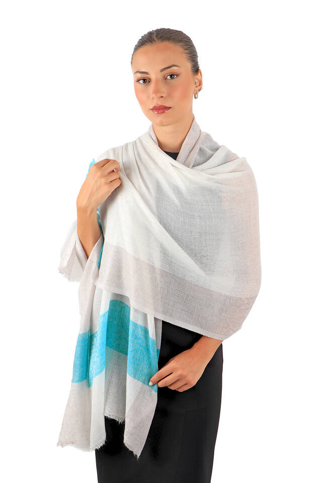 Turquoise Border Patterned Wool Shawl - 2
