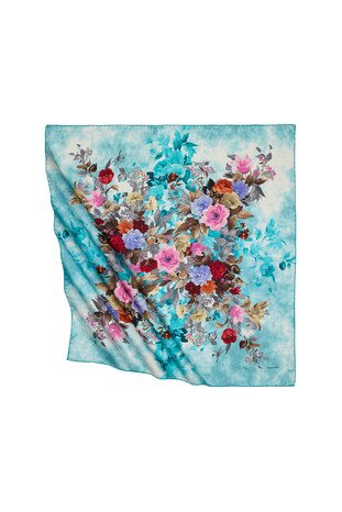 Turquoise Bouquet Pattern Silk Square Scarf 