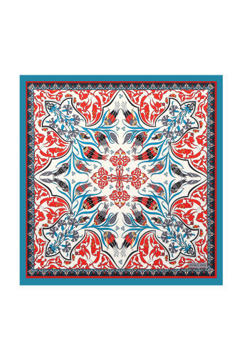 Turquoise Çintemani Carnation Pattern Silky Pocket Square 