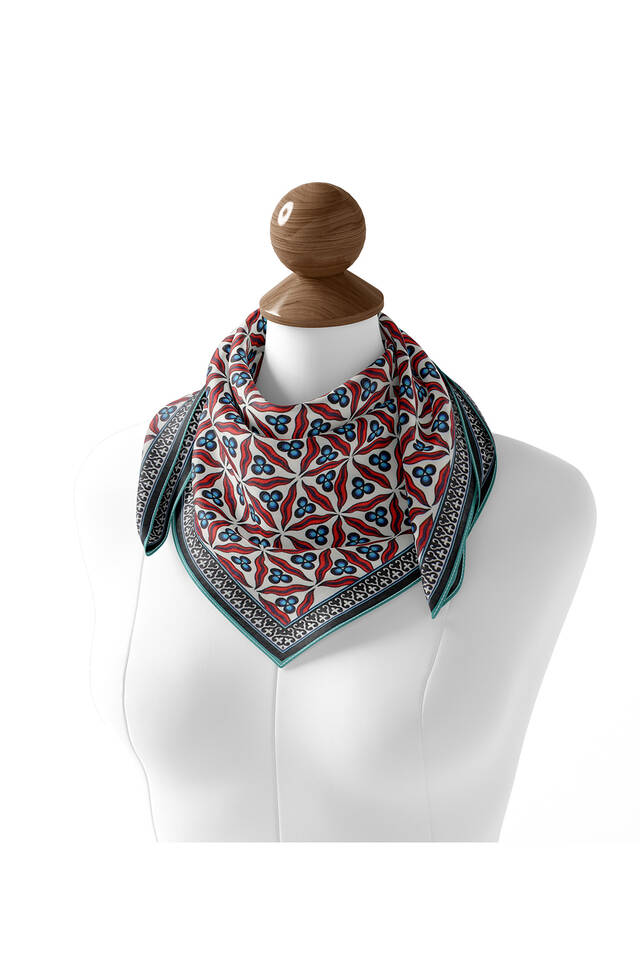 Turquoise Çintemani Pattern Soft Square Scarf - 2