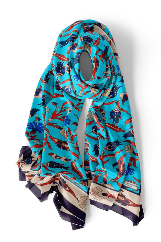 Turquoise Cream Carnation Tulip Silk Foulard - 3