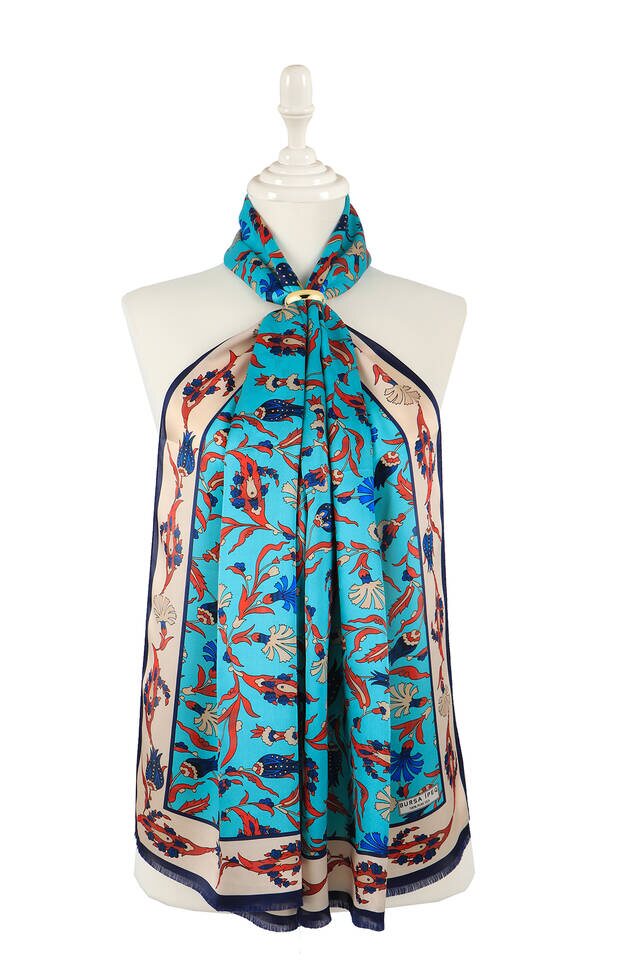 Turquoise Cream Carnation Tulip Silk Foulard - 1