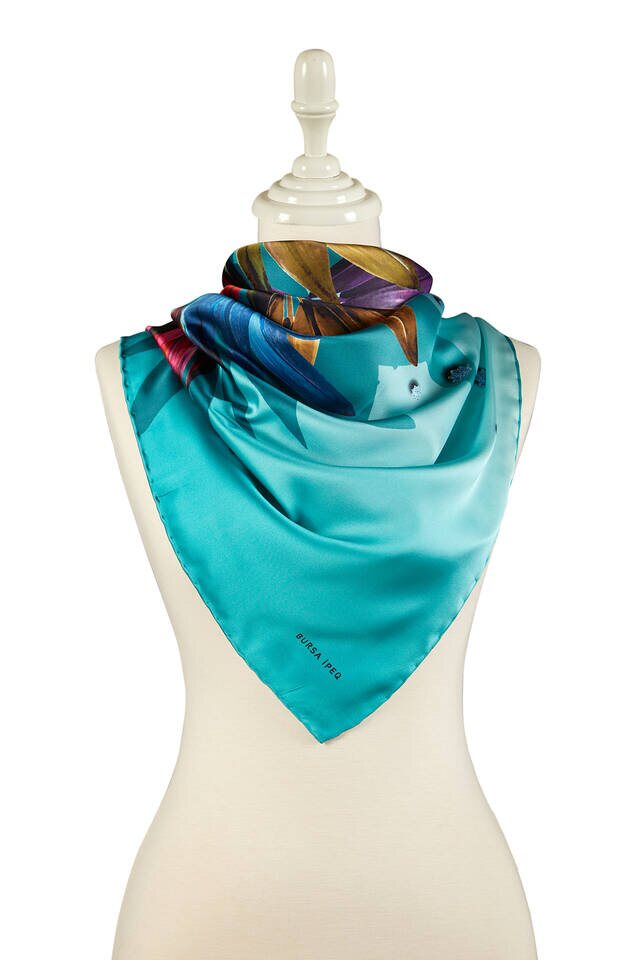 Turquoise Diamond Pattern Silky Square Scarf - 2