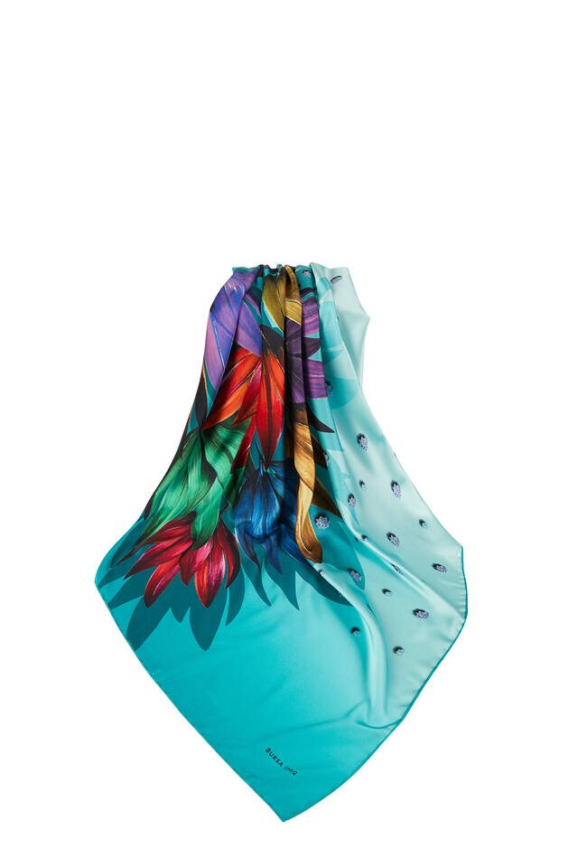 Turquoise Diamond Pattern Silky Square Scarf - 3