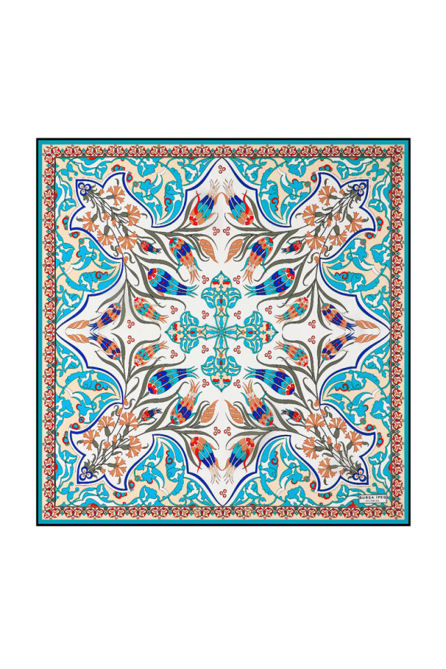 Turquoise Ecru Carnation Tulip Pattern Silk Pocket Square - Bursa İpek