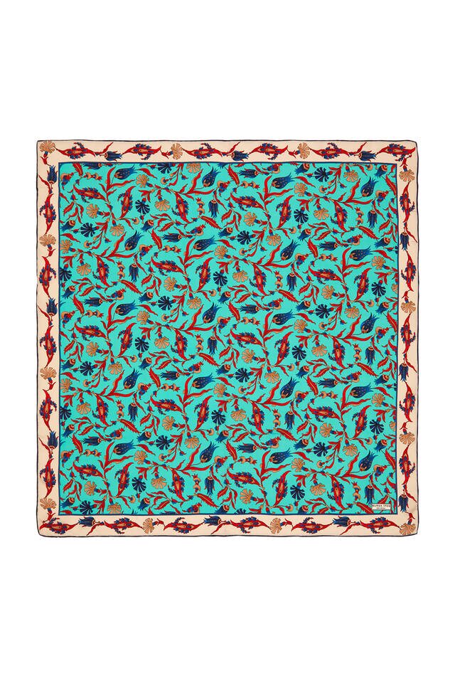 Turquoise Ecru Carnation Tulip Pattern Silk Square Scarf 