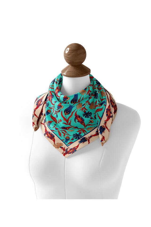 Turquoise Ecru Carnation Tulip Pattern Silk Square Scarf - 2