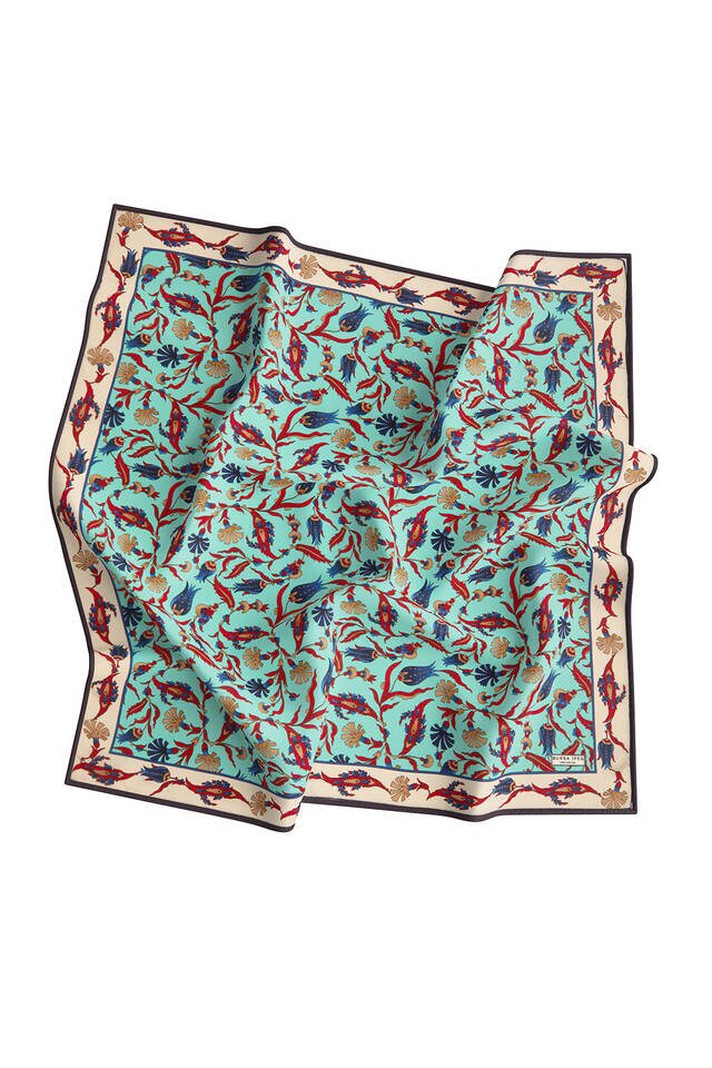 Turquoise Ecru Carnation Tulip Pattern Silk Square Scarf - 3