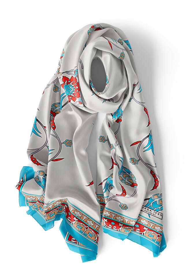 Turquoise Ecru Row Tulip Silk Foulard - 3