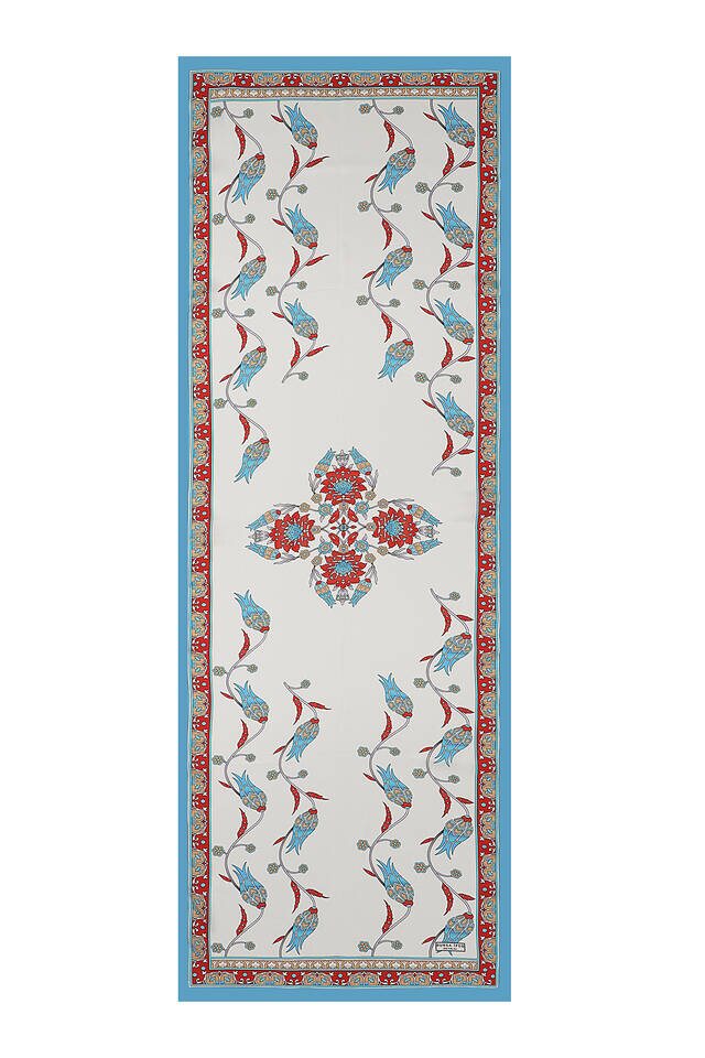 Turquoise Ecru Row Tulip Silk Foulard - 4