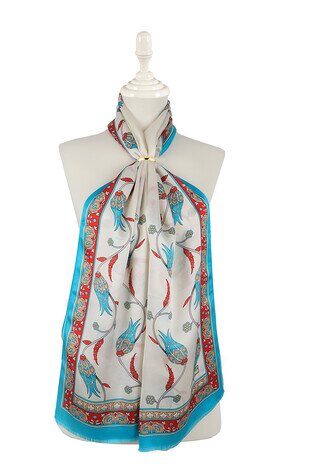 Turquoise Ecru Row Tulip Silk Foulard 