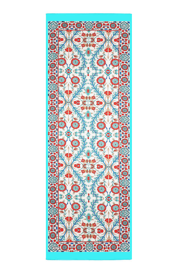 Turquoise Ecru Selçuk Pattern Silk Foulard - 4