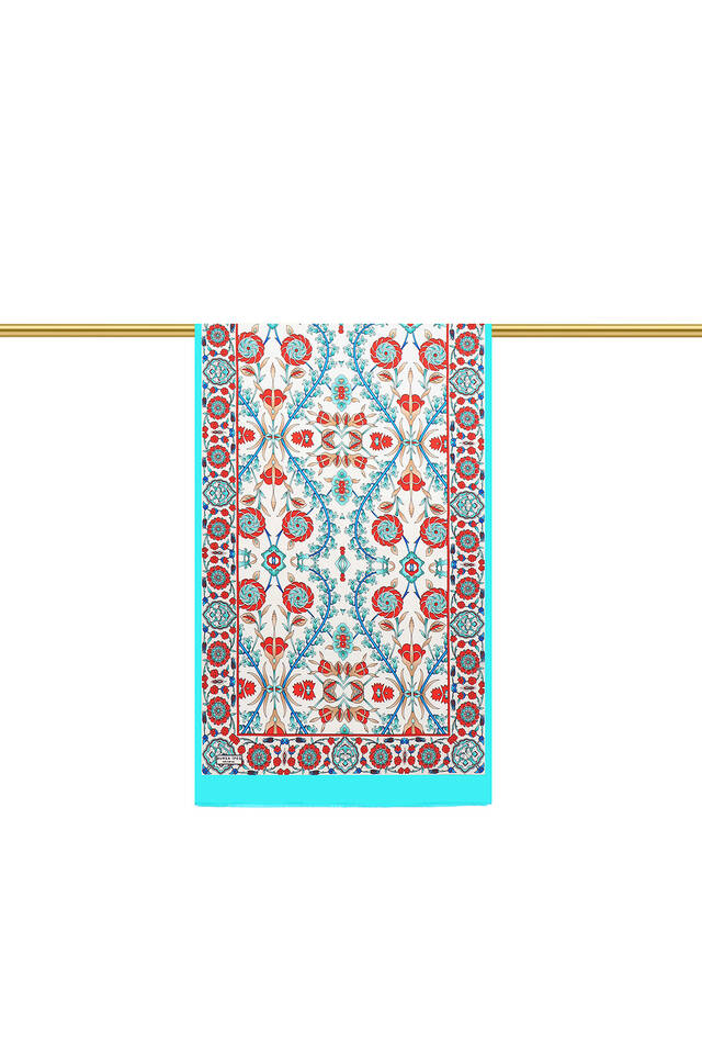 Turquoise Ecru Selçuk Pattern Silk Foulard - 2