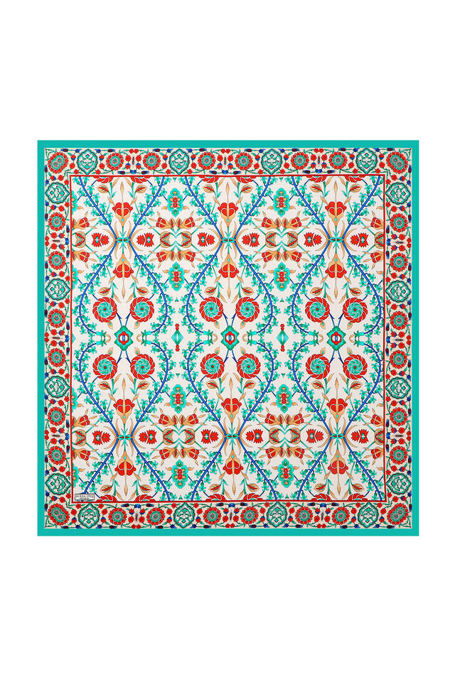 Turquoise Ecru Selçuk Pattern Silk Square Scarf - 2