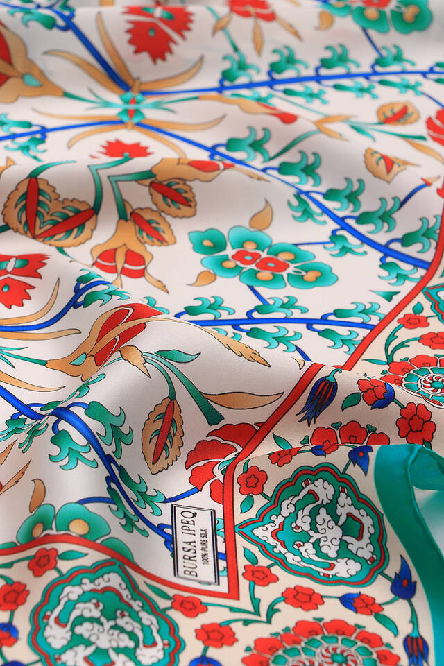 Turquoise Ecru Selçuk Pattern Silk Square Scarf - 3