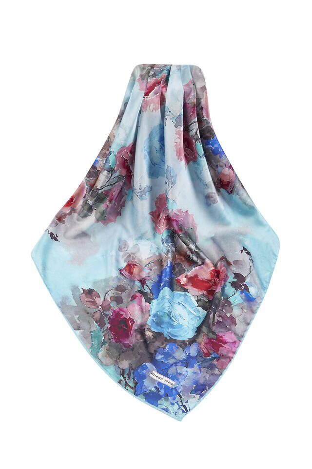 Turquoise Floral Pattern Silky Square Scarf - 3