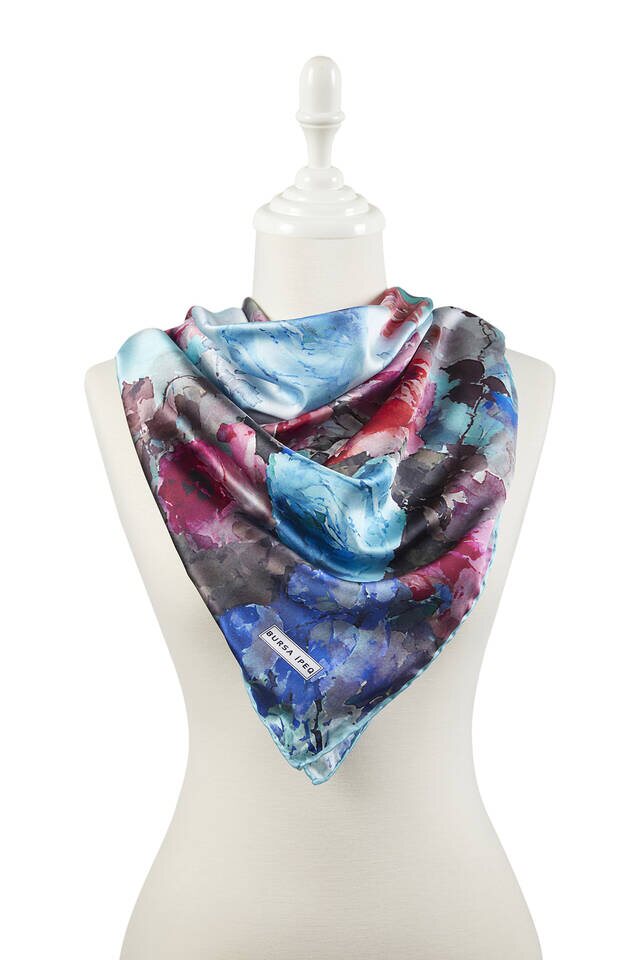 Turquoise Floral Pattern Silky Square Scarf - 2