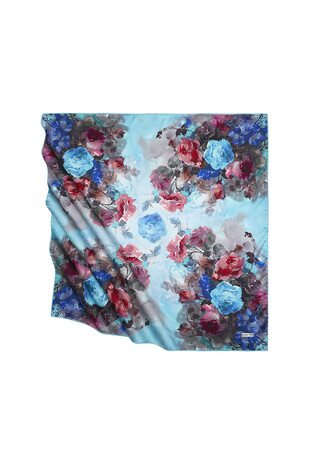 Turquoise Floral Pattern Silky Square Scarf 