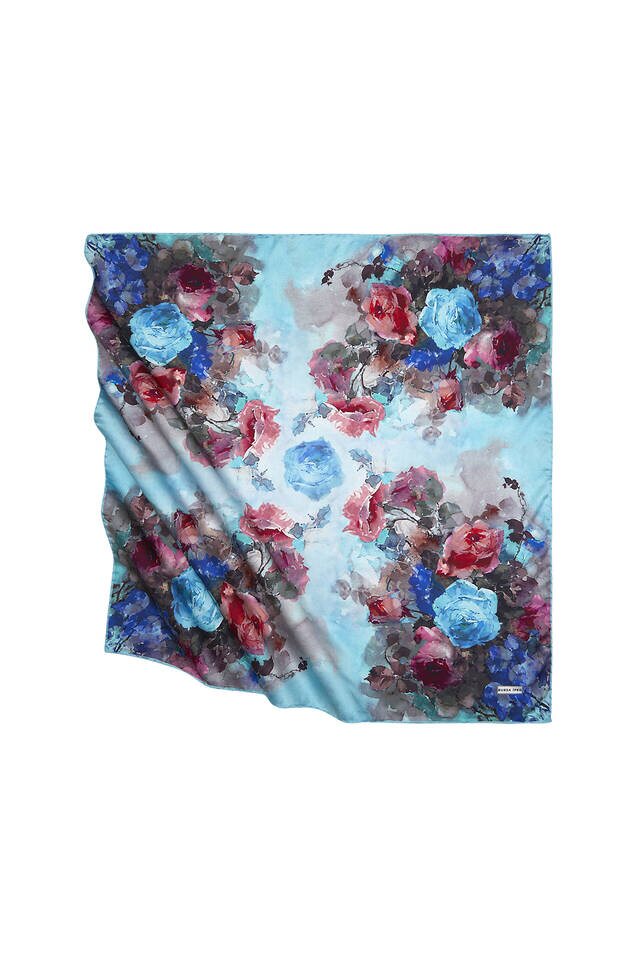 Turquoise Floral Pattern Silky Square Scarf - Bursa İpek