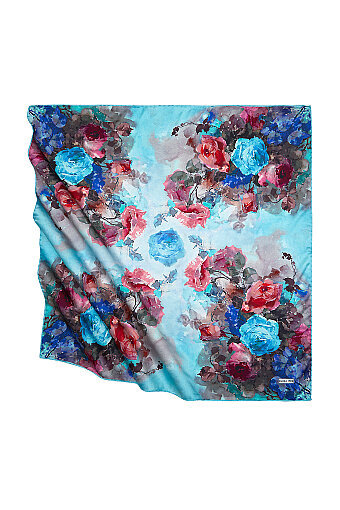 Turquoise Floral Pattern Silky Square Scarf 