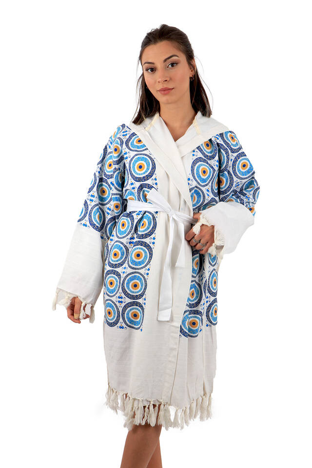 Turquoise Gold Printed Large Evil Eye Pattern Bathrobe - Bursa İpek